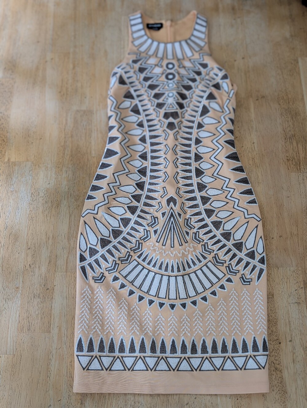 Bebe Beige Beaded & Sequined Sleeveless Form Fitting Midi Dress
